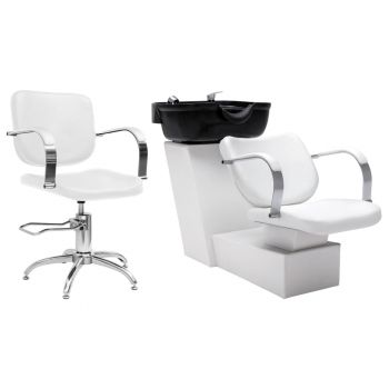 Unitate de șamponare cu scaun alb de salon, piele ecologică, cu lavoar negru