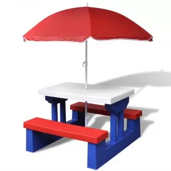 Masa de picnic pentru copii cu banci &amp; umbrela, multicolor