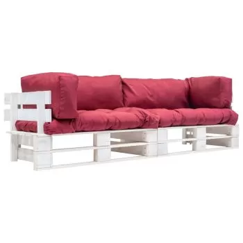 Set canapea gradina paleti perne rosii, 2 piese, alb si rosu, 220 x 66 x 65 cm