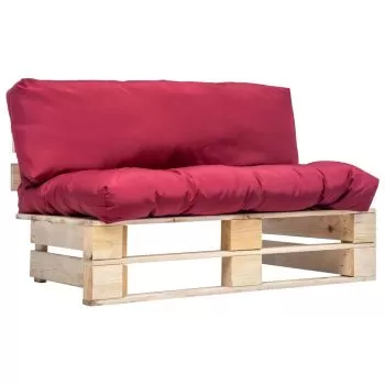 Canapea de gradina din paleti cu perne rosii, natural si rosu, 110 x 66 x 65 cm
