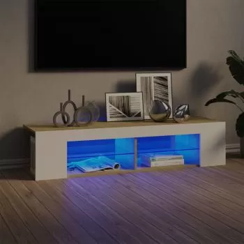 Comoda TV cu lumini LED, alb si stejar sonoma, 135 x 39 x 30 cm