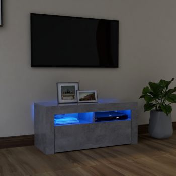 Comoda TV cu lumini LED, gri beton, 90 x 35 x 40 cm