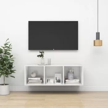 Dulap TV montat pe perete, alb lucios, 37 x 37 x 107 cm