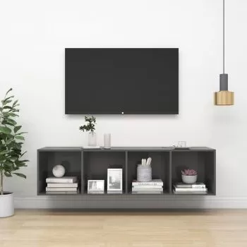 Dulap TV montat pe perete, gri lucios, 37 x 37 x 142.5 cm
