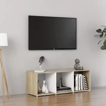 Comoda TV, alb si stejar sonoma, 107 x 35 x 37 cm
