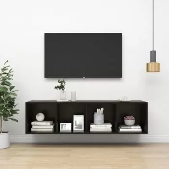 Dulap TV montat pe perete, negru lucios, 37 x 37 x 142.5 cm