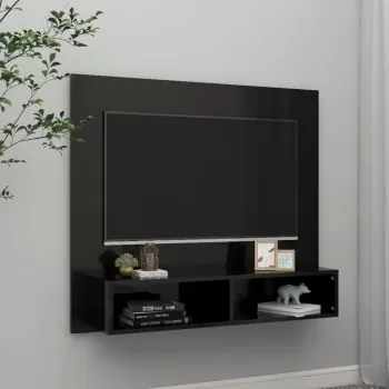 Dulap TV montat pe perete negru extralucios 102x23.5x90 cm PAL, negru lucios, 102 x 23.5 x 90 cm
