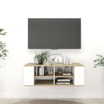 Dulap TV montat pe perete, alb si stejar sonoma, 102 x 35 x 35 cm