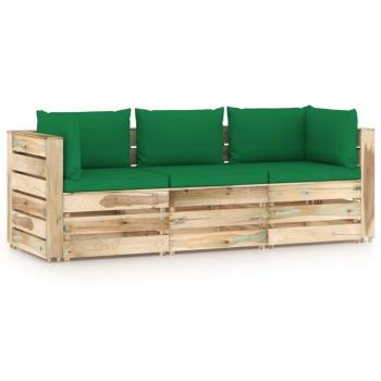 Canapea de grădină cu 3 locuri, cu perne, lemn verde tratat