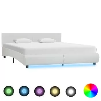  Cadru de pat cu LED, alb, 160 x 200 cm, piele ecologică 