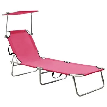  Șezlong pliabil cu copertină, roz, aluminiu