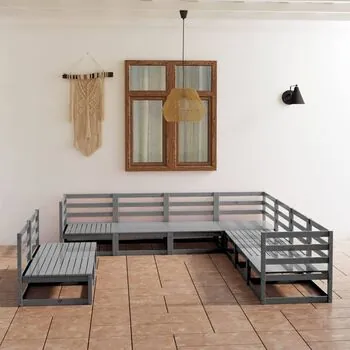  Set mobilier de grădină, 9 piese, gri, lemn masiv de pin