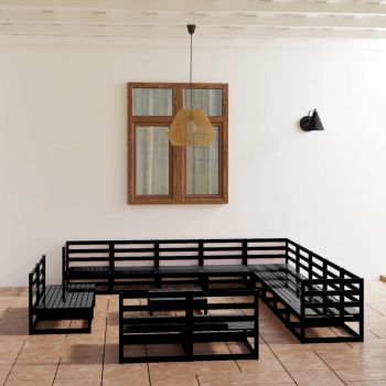 Set mobilier de grădină, 14 piese, negru, lemn masiv de pin
