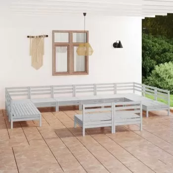  Set mobilier de grădină, 12 piese, alb, lemn masiv de pin