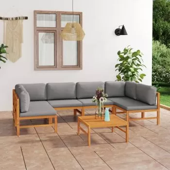 Set mobilier grădină cu perne gri, 7 piese, lemn masiv de tec