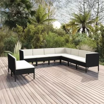  Set mobilier de grădină cu perne, 9 piese, negru, poliratan