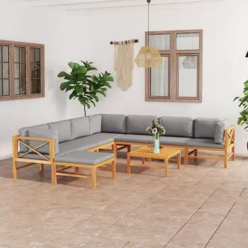 Set mobilier grădină cu perne gri, 9 piese, lemn masiv de tec