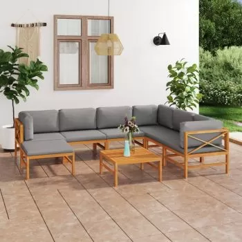 Set mobilier grădină cu perne gri, 8 piese, lemn masiv de tec