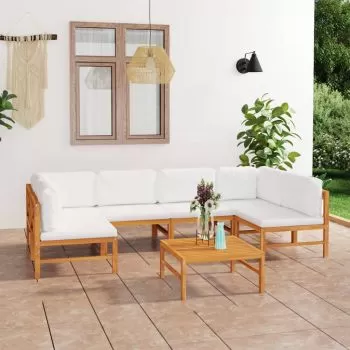 Set mobilier grădină cu perne crem, 7 piese, lemn masiv de tec