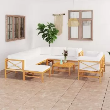 Set mobilier grădină cu perne crem, 10 piese, lemn masiv de tec