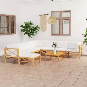 Set mobilier grădină cu perne crem, 9 piese, lemn masiv de tec