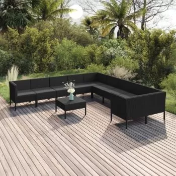  Set mobilier de grădină cu perne, 11 piese, negru, poliratan