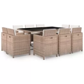  Set mobilier de exterior cu perne, 11 piese, bej, poliratan