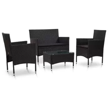  Set mobilier de grădină cu perne, 4 piese, negru, poliratan