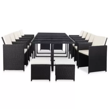 Set mobilier de exterior cu perne, 15 piese, alb si negru