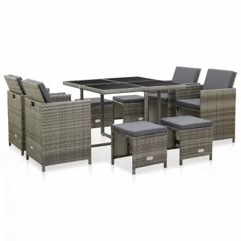  Set mobilier de grădină cu perne, 9 piese, gri, poliratan