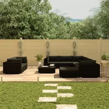  Set mobilier de grădină cu perne, 10 piese, negru, poliratan