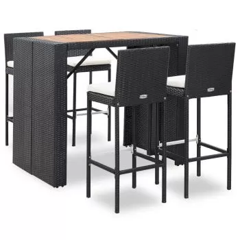  Set mobilier de exterior 5 piese, negru, poliratan, lemn acacia