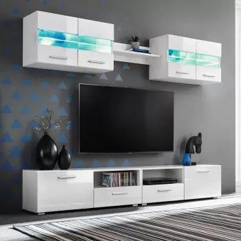 Set comoda TV de perete, 5 piese, alb, 200 x 30 x 34 cm