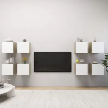 Set 8 bucati dulapuri tv cu montaj pe perete, alb si stejar sonoma, 30.5 x 30 x 30 cm