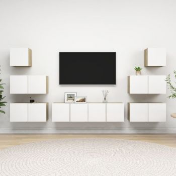 Set de dulapuri TV, 8 piese, alb si stejar sonoma, 60 x 30 x 30 cm