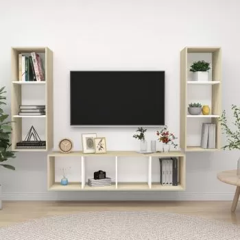 Set de dulapuri TV, 3 piese, alb si stejar sonoma, 37 x 37 x 142.5 cm