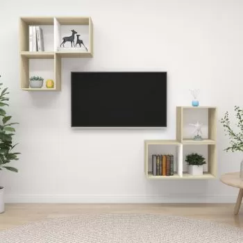 Set de dulapuri TV, 4 piese, alb si stejar sonoma, 37 x 37 x 72 cm