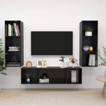 Set de dulapuri TV, 3 piese, negru lucios, 37 x 37 x 142.5 cm