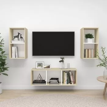 Set de dulapuri TV, 3 piese, alb si stejar sonoma, 37 x 37 x 107 cm