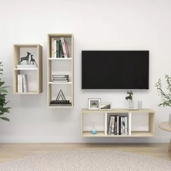 Set de dulapuri TV, 3 piese, alb si stejar sonoma, 37 x 37 x 107 cm