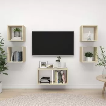 Set de dulapuri TV, 5 piese, alb si stejar sonoma, 37 x 37 x 72 cm