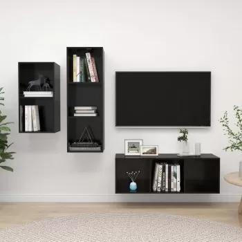 Set de dulapuri TV, 3 piese, negru lucios, 37 x 37 x 107 cm