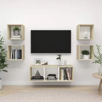Set de dulapuri TV, 5 piese, alb si stejar sonoma, 37 x 37 x 107 cm
