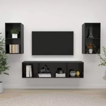 Set 4 bucati dulapuri tv montate pe perete, negru lucios, 37 x 37 x 72 cm