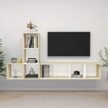 Set de dulapuri TV, 3 piese, alb si stejar sonoma, 37 x 37 x 142.5 cm