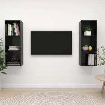 Set 2 bucati dulapuri tv montaj pe perete, negru lucios, 37 x 37 x 107 cm