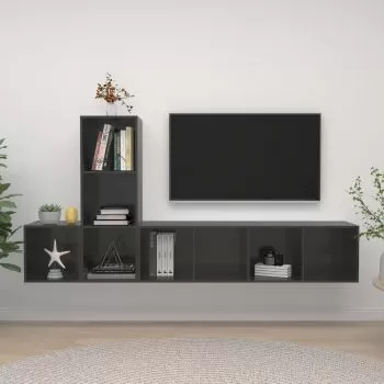 Set de dulapuri TV, 3 piese, gri lucios, 37 x 37 x 142.5 cm