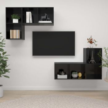 Set 4 bucati dulapuri tv montate pe perete, negru lucios, 37 x 37 x 72 cm
