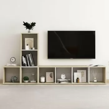 Set de dulapuri TV, 3 piese, alb si stejar sonoma, 37 x 35 x 37 cm