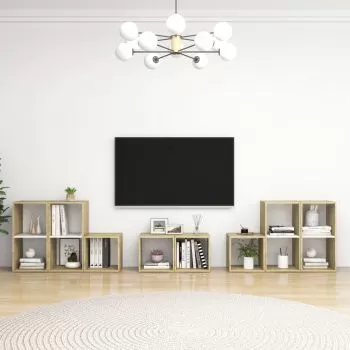 Set de dulapuri TV, 8 piese, alb si stejar sonoma, 37 x 35 x 37 cm